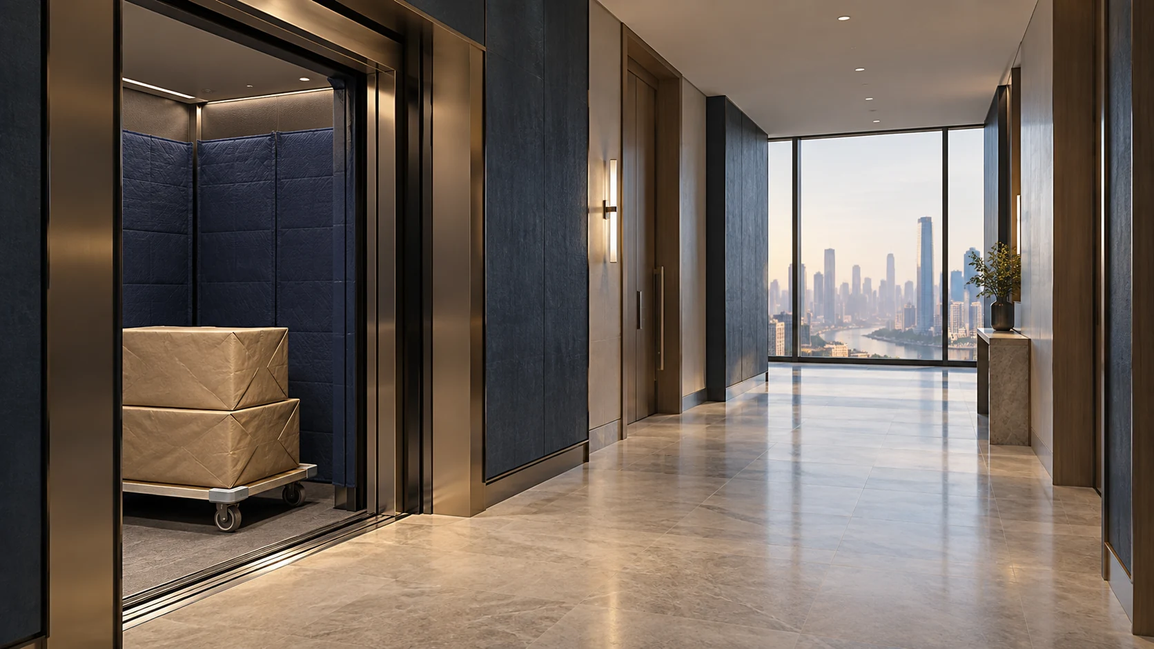 High-rise renovation logistics concept with a protected lift lobby, navy wall panels and an unbranded joinery delivery trolley.